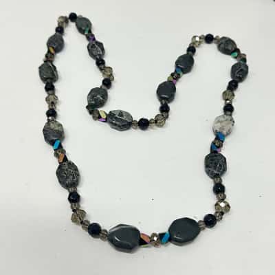  Womens Beaded Necklace Grey Stone and Clear Grey Faceted Beads