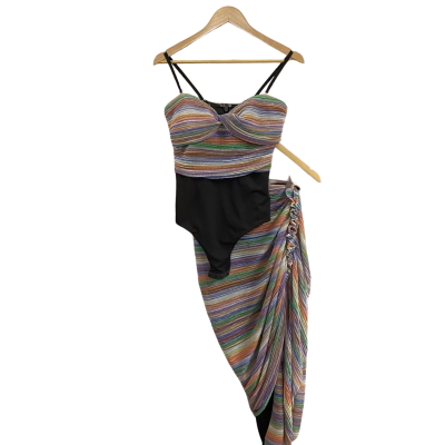Sheike Women’s Size 12 Bodysuit And Skirt Set Multi-coloured Metallic Striped Pattern