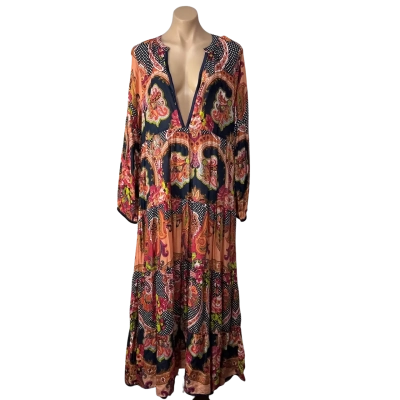 Adrift Womens Size L Multicoloured Paisley Print Deep V-neck Long Sleeve Maxi Dress
