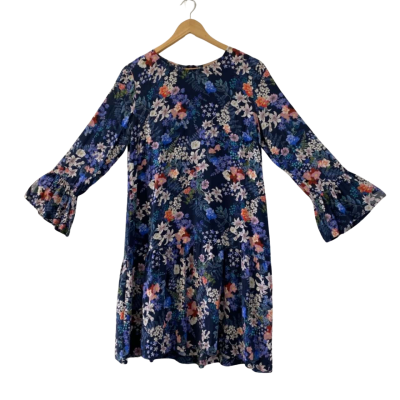 Kachel Women's  Size 10 Ruffle Long Sleeve 100% Silk Dress Floral / Navy Blue 