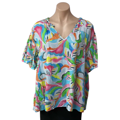 Blue Illusion Womens Size 2L Multicoloured Patterned V-Neck Short Sleeve Top  