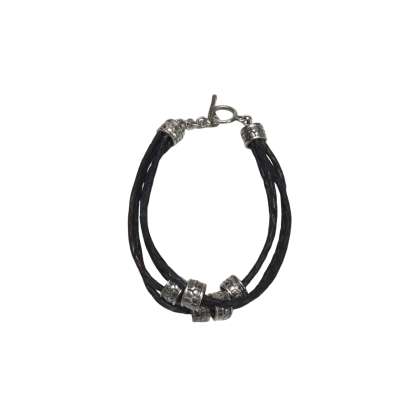 925 Silver Bracelet With Multi-Strand Leather Cords & Five Cylindrical Sterling Silver Beads - Brand New