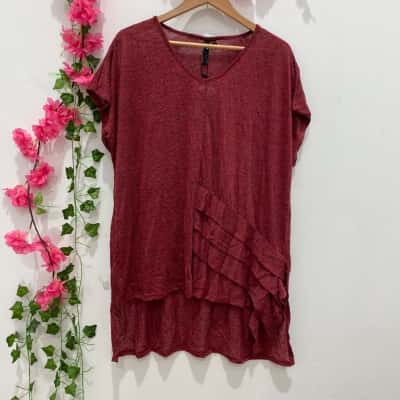 TS Womens Short Sleeve V-Neck Top Size L Wine Red 
