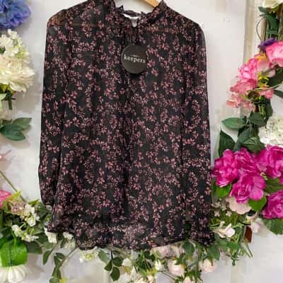 Bird Keepers Womens  Size 12 Blouse Black  / Floral 