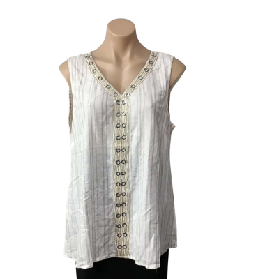 Rockmans Womens Size 14 White / Beige / Gold Striped Eyelet Sleeveless Top (new)