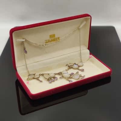 Exquisite 1900's Look Moonstone & Amethyst Tear Drops Necklace Set In 925 Silver 