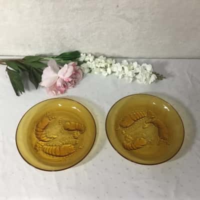 Set of 2 Vintage Crayfish Pattern Amber Glass Plates 