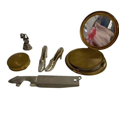 Assorted Antiques Tarax Bottle Opener, Powder Compact, Shoes