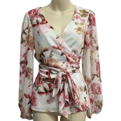 Portmans Womens Size 8 White Floral Wrap Top