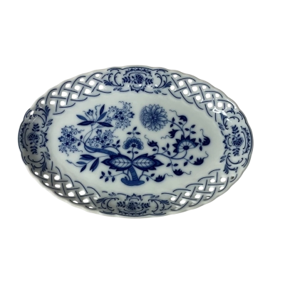 Vintage Hutschenreuther Germany White / Blue Floral Pattern Reticulated Oval Porcelain Dish