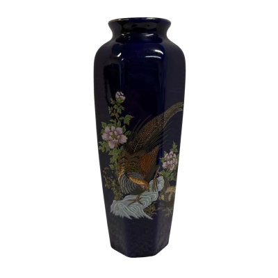 Vintage Eiwa Kinsei Cobalt Blue Vase with Pheasant Motif Illustration