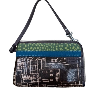 Fossil Key-Per Brown City Scene Coated Zip Wristlet Purse Card Holder