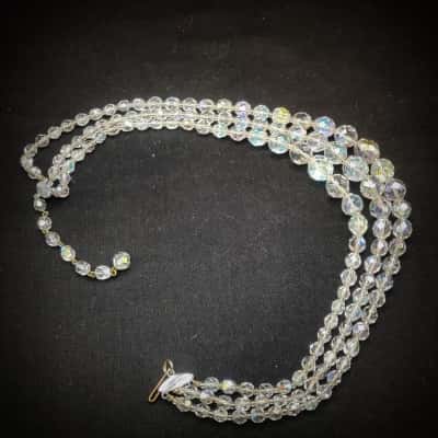 Brilliant Condition 1950's Vintage Aurora Borealis Coated Crystal Bead 3 Strand Necklace 44cm Long In Gift Pouch
