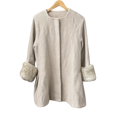 Snidel Cream wool-blend A-line coat with rabbit fur cuffs