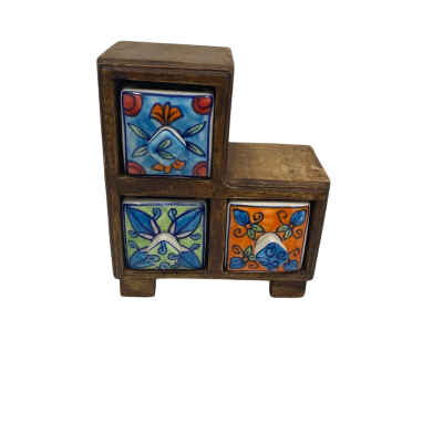 Hand Crafted Wooden Mini Chest with three ceramic drawers 