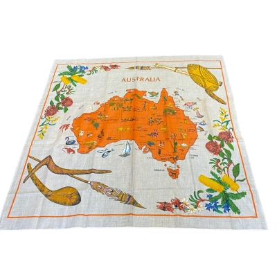 Vintage Australian Souvenir Map Tablecloth or Decorative Textile Wall Art Pure Linen