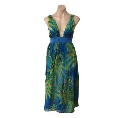 Martini Womens Size 10 Blue / Green / Orange / Pattern V-neck Sleeveless Midi Dress 