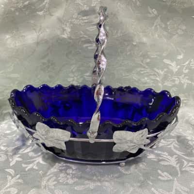Vintage Cobolt Blue Bowl in Chrome Basket