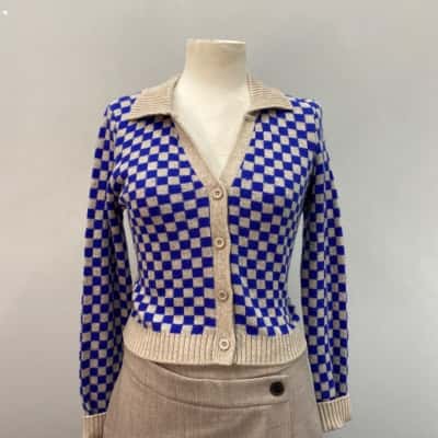 Ghanda Womens  Size S Knitted Cardigan Beige / Blue / Checked 