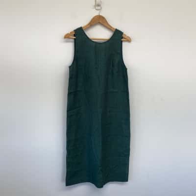 Sussan Dark Green 100% Linen Sleeveless Midi Dress Size 10 