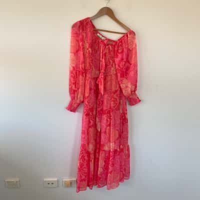 Lorraine Pink Hibiscus Mayera One Shoulder Midi Dress  Size 8 
