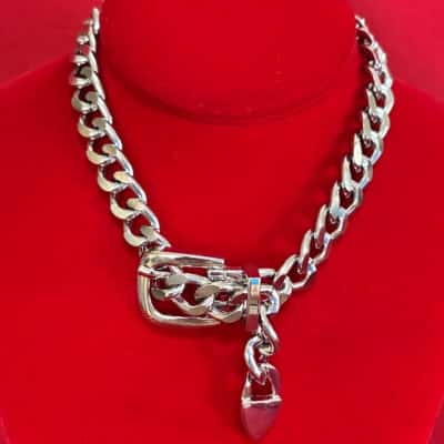 Women's  Silver Tone Chocker Necklace featuring a Cuban Chain Link Design with Belt Buckle Closure 