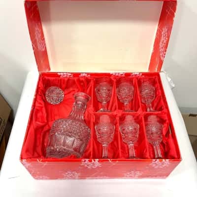 Vintage Bohemia 24% Lead Crystal Sherry Decanter & 6 Glasses Set Boxed Czech
