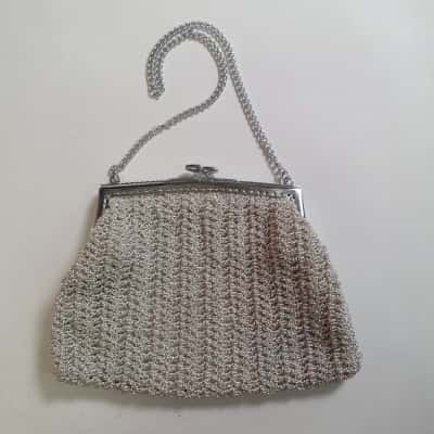 Women's Hand Crochet Silver Evening Bag