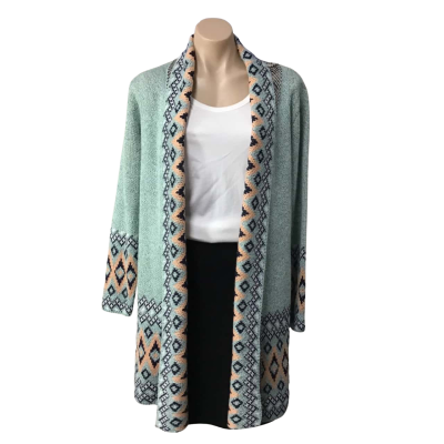 HQ Womens approx Size S / M Pale Green / Orange / White / Black Pattern Long Open Cardigan