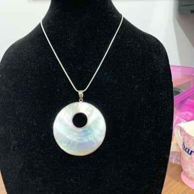  Womens Necklace Stirling Silver with look-a-like white mother of pearl pendant