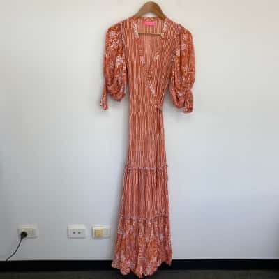 Feather & Find Orange Floral Boho Long Sleeve Wrap Maxi Dress  Size XS 