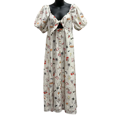 MISS SELFRIDGE Size UK12 EUR40 Linen Blend Tie Front Button Through Short Sleeve Maxi Dress in Postcard Print