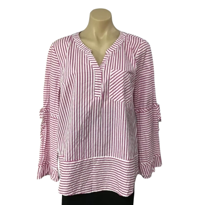 EuroEdit Womens Size 44 White / Pink Striped V-neck Long Sleeve Top