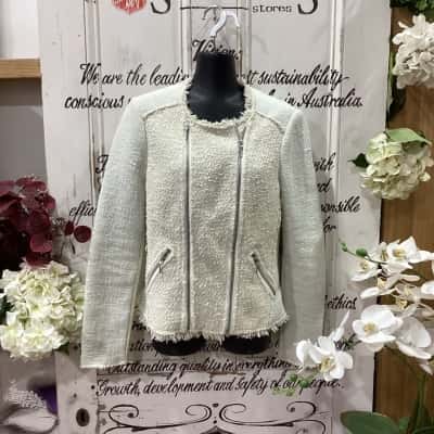 REBECCA TAYLOR BRAND! NWOT TWEED BLAZER LONG SLEEVE! ZIPPER POCKET ACCENTED! FRAYED CREWNECK! WITH GENUINE LEATHER RIB TRIMMING! Womens  Size 10 / 12 / 4 Blazer / Winter Jacket Off White / White 