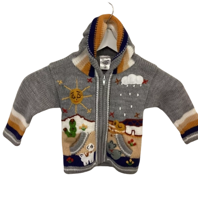 Kids Zip Up Knitted Jumper with Hood - Made in Peru - Size 2