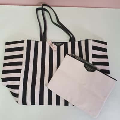 Victoria's Secret Women's Black & Pink Striped Tote Bag & Wristlet - New With Tags
