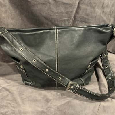 Oroton Black Leather Shoulder Bag with White Contrast Stitching