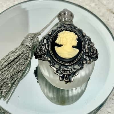 Vintage Small Black Cameo Glass Perfume Bottle w/ Grey Tassel
