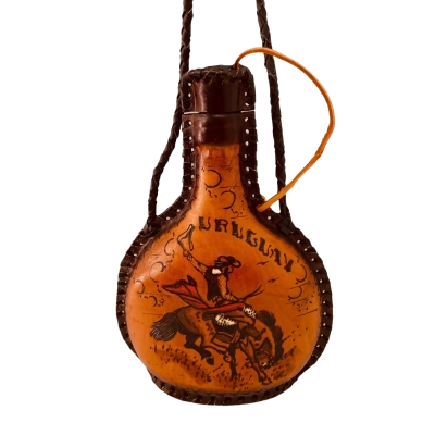 Vintage Hand Tooled Leather Wrapped Bottle from Uruguay