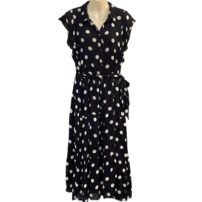 Witchery Womens Size 12 Midi/Short Sleeve Dress Navy Blue/Polka Dot/White