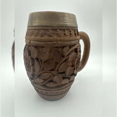 Floral Hand Carved Wood & Brass Stein