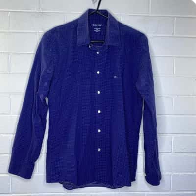 Calvin Klein Mens  Size M Business Shirt Navy Blue / Polka Dot 