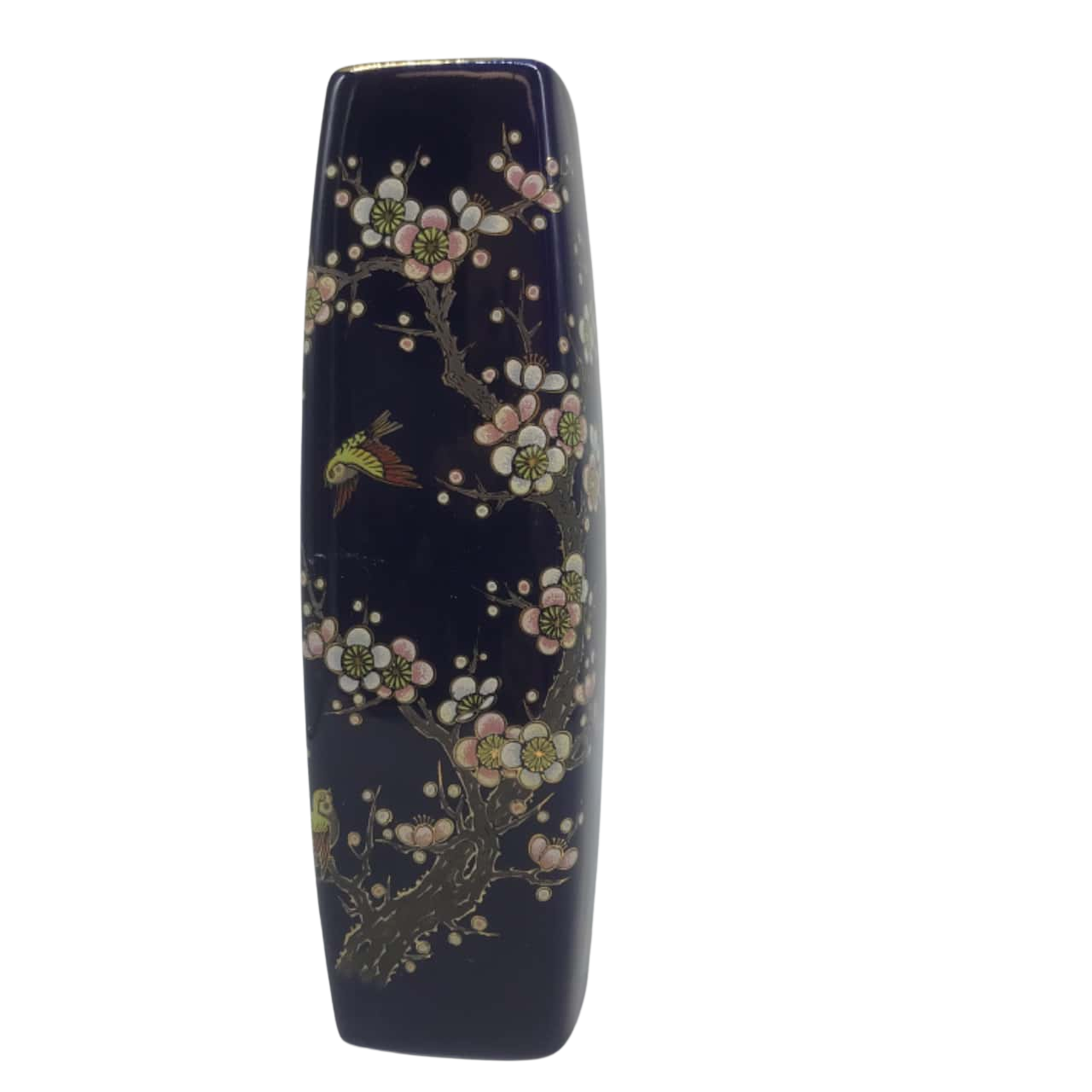 Cobalt Blue Vase Japan Cherry Blossom Birds 7 Inch VIntage