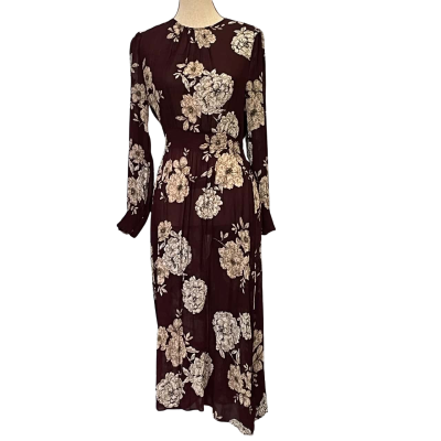 Witchery Womens Size 12 Long Sleeve/Midi Dress Champagne/Floral/Maroon