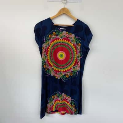 Desigual Navy Blue Colourful Pattern Short SLeeve Mini Dress  Size XL 