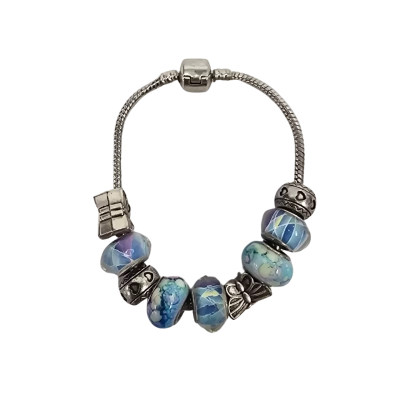  Womens Silver Tone Bracelet with Blue Beads and Butterflys