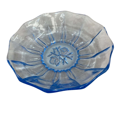 Blue depression glass dishes with floral pattern