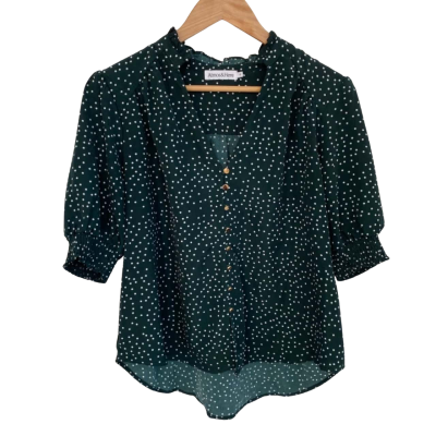Atmos&Here Womens  Size 12 Button Up Top / Short Sleeve Top Green / Polka Dot / White 