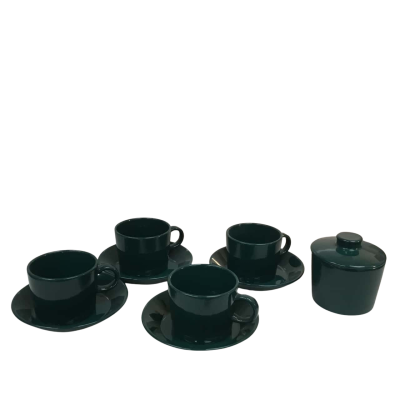 Arabia Finland Teema Forest Green Cups Saucers & Sugar Bowl with Lid as pictured