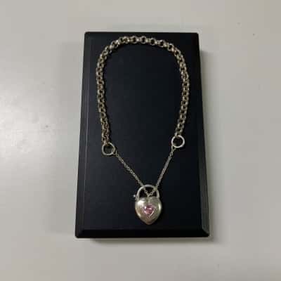 Womens 925 Sterling Silver Belcher Chain Padlock Bracelet with Pink Stone 
